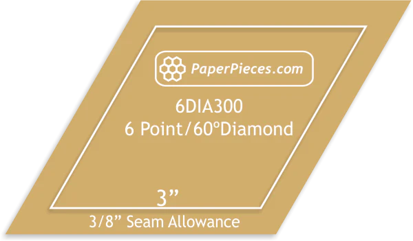 3" 6 Point 60 Degree Diamond Shape Acrylic Template with 3/8" Seam Allowance by Paper Pieces