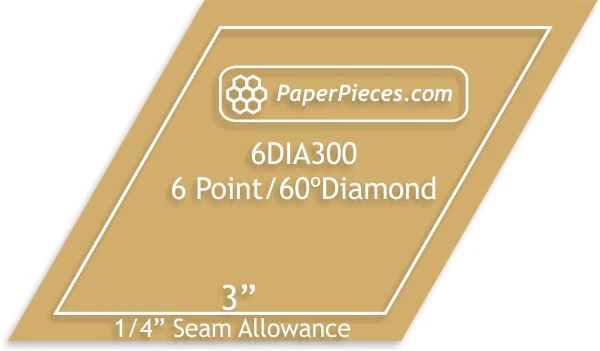3" 6 Point 60 Degree Diamond Shape Acrylic Template with 1/4" Seam Allowance by Paper Pieces