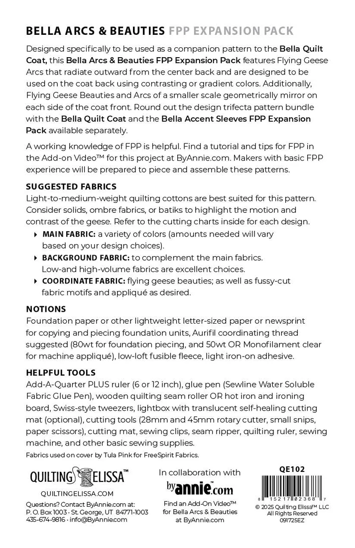 PRE ORDER - Bella Arc & Beauties FPP Expansion Pack (for Bella Quilt Coat) from ByAnnie by Quilting Elissa - Arrives November 2025