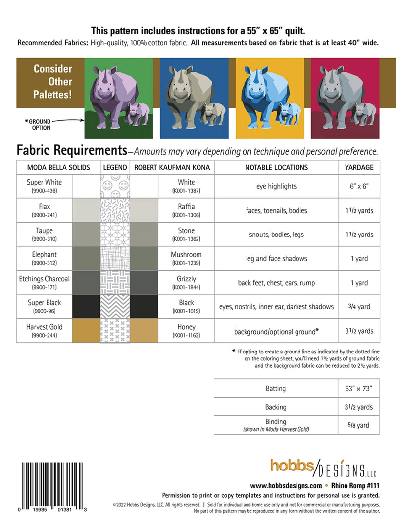Rhino Romp Foundation Paper Piecing Pattern by Hobbs Designs