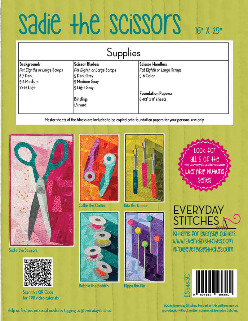 Sadie the Scissors - Foundation Paper Piecing (FPP) Pattern by Everyday Stitches