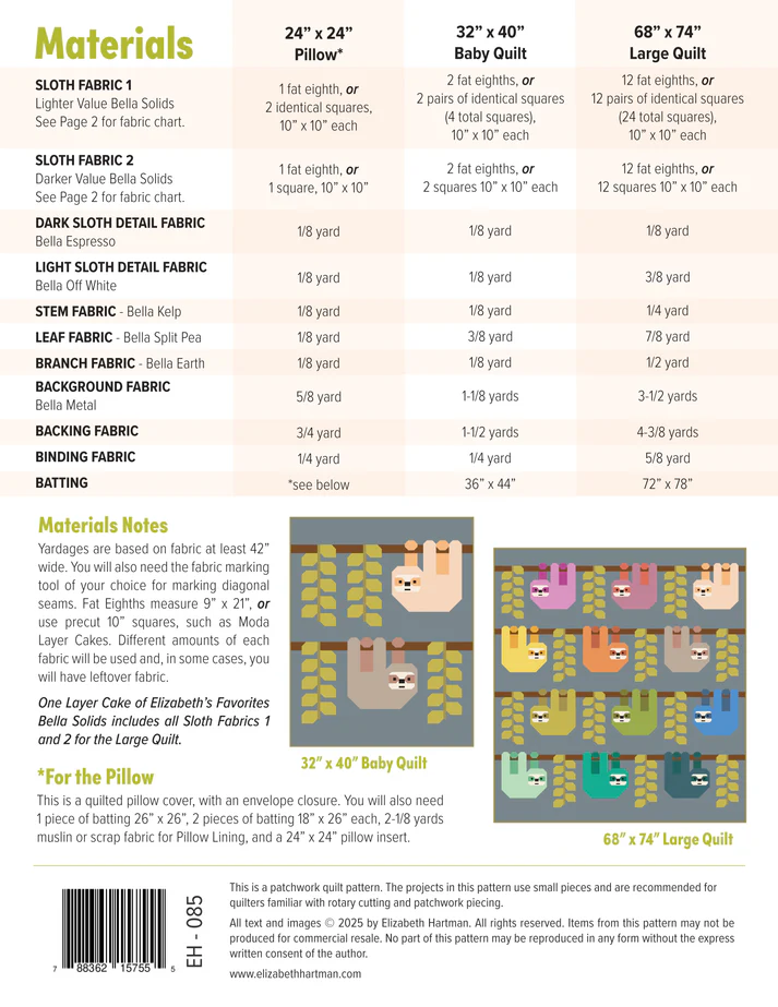 PRE ORDER - Snuggly Sloths Quilt Pattern by Elizabeth Hartman - Arrives November 2025