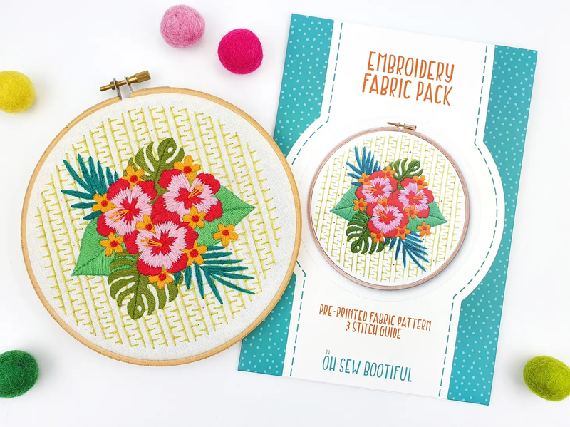 Tropical Hibiscus Handmade Embroidery Pattern Fabric Pack by Oh Sew Bootiful